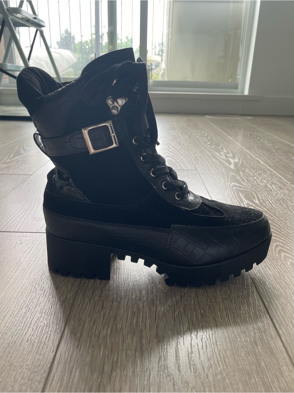 Pretty Little Thing Black Lace-Up Buckle Platform Ankle Boots - Women